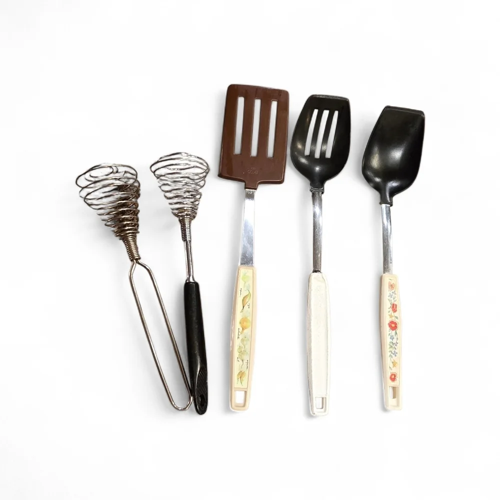 Vintage 70s Ekco Floral Meadow Utensil Mixed Set - Cream & Black MCM Kitchenware